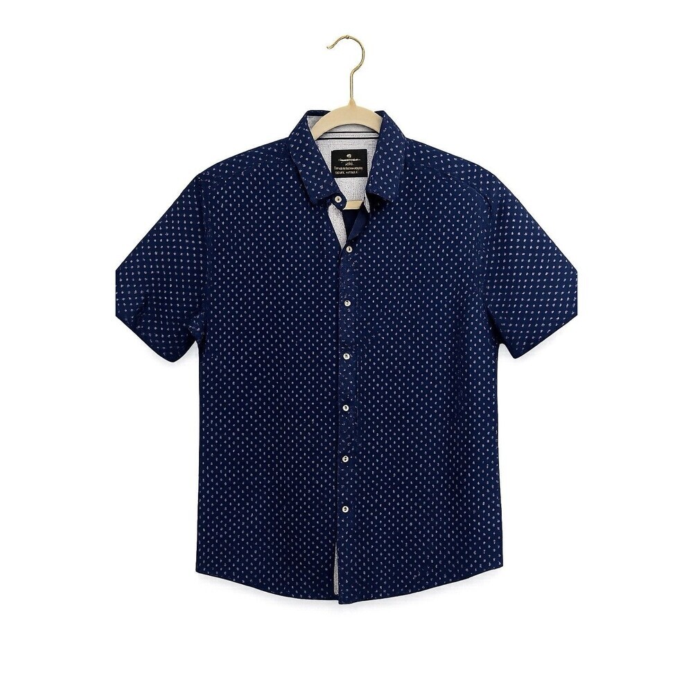 Craft + Flow Men's Blue Geometric Print Short Sleeve Button-Up Shirt M